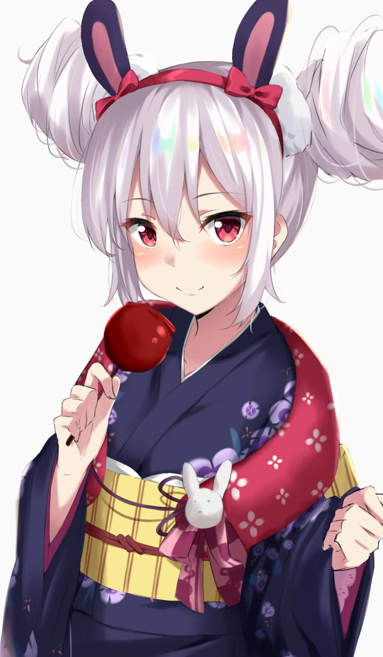 1girl animal_ears azur_lane bangs blue_kimono blush candy_apple closed_mouth commentary_request double_bun eyebrows_visible_through_hair floral_print food grey_background hair_between_eyes hairband highres holding holding_food japanese_clothes kimono kohakope laffey_(azur_lane) long_sleeves obi pinching_sleeves print_kimono rabbit_ears red_eyes red_hairband sash side_bun sidelocks silver_hair smile solo upper_body wide_sleeves