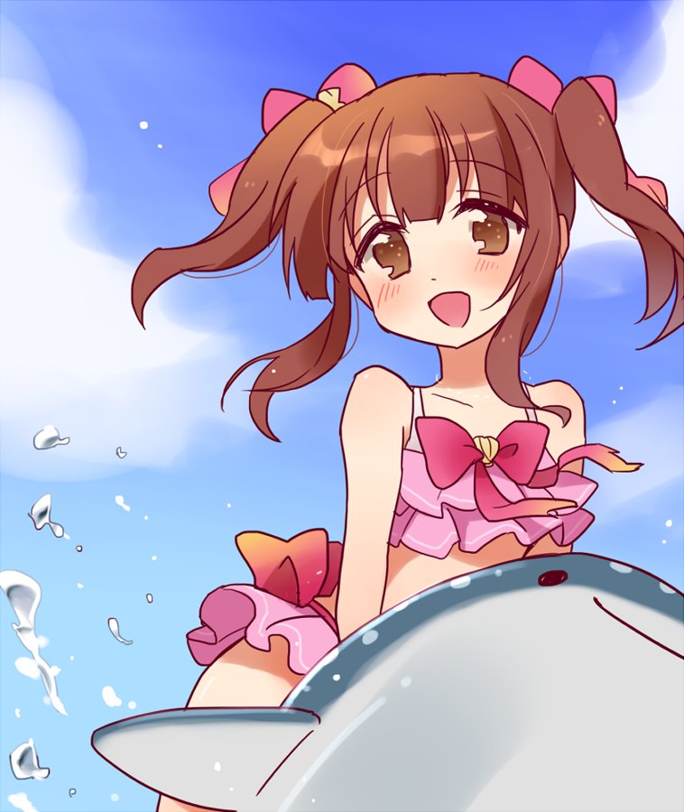 1girl :d bangs bikini bow brown_eyes brown_hair commentary_request day frilled_bikini frills hair_bow idolmaster idolmaster_cinderella_girls inflatable_shark inflatable_toy long_hair miyuara ogata_chieri open_mouth outdoors pink_bikini red_bow red_neckwear riding sidelocks smile solo swimsuit twintails water_drop
