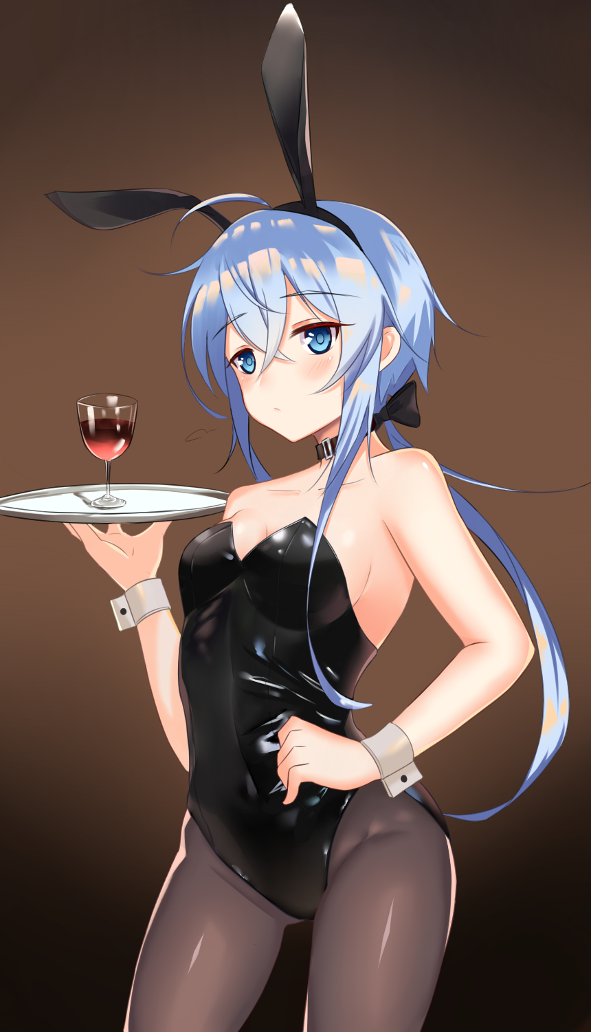 1girl alcohol animal_ears black_choker black_legwear black_leotard blue_eyes blue_hair breasts brown_background bunny_girl bunny_tail bunnysuit choker covered_navel cowboy_shot cup drinking_glass gradient gradient_background hand_on_hip highres leotard low_ponytail original pantyhose ponytail rabbit_ears small_breasts solo standing strapless strapless_leotard tail tray wine wine_glass wrist_cuffs xiaoyu_chiaki