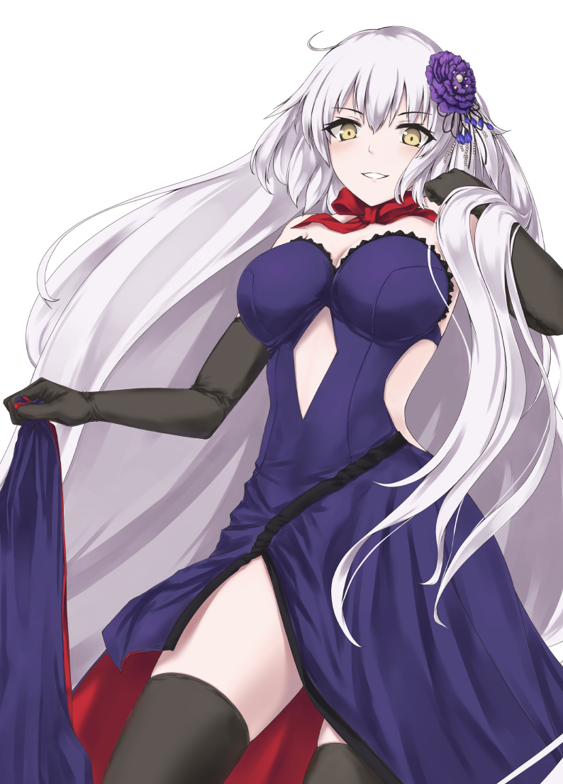 1girl :d bangs bare_shoulders black_gloves black_legwear blush breasts center_opening cleavage cowboy_shot dress elbow_gloves enchuu eyebrows_visible_through_hair fate/grand_order fate_(series) flower gloves grin hair_flower hair_ornament hand_up jeanne_d'arc_(alter)_(fate) jeanne_d'arc_(fate) jeanne_d'arc_(fate)_(all) large_breasts legs_apart looking_at_viewer neck_ribbon open_mouth purple_dress purple_flower red_neckwear ribbon sidelocks simple_background skirt_hold sleeveless sleeveless_dress smile solo standing thigh-highs thighs white_background white_hair yellow_eyes