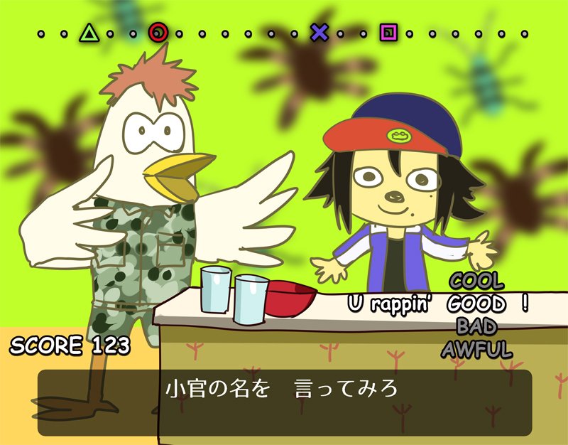 2boys baseball_cap bird black_hair bowl busujima_riou_mason chicken fake_screenshot furry hat hypnosis_mic jacket military military_uniform mizuryuu_kei mole mole_under_eye mole_under_mouth multiple_boys orange_hair parappa_the_rapper parody shorts uniform yamada_jirou