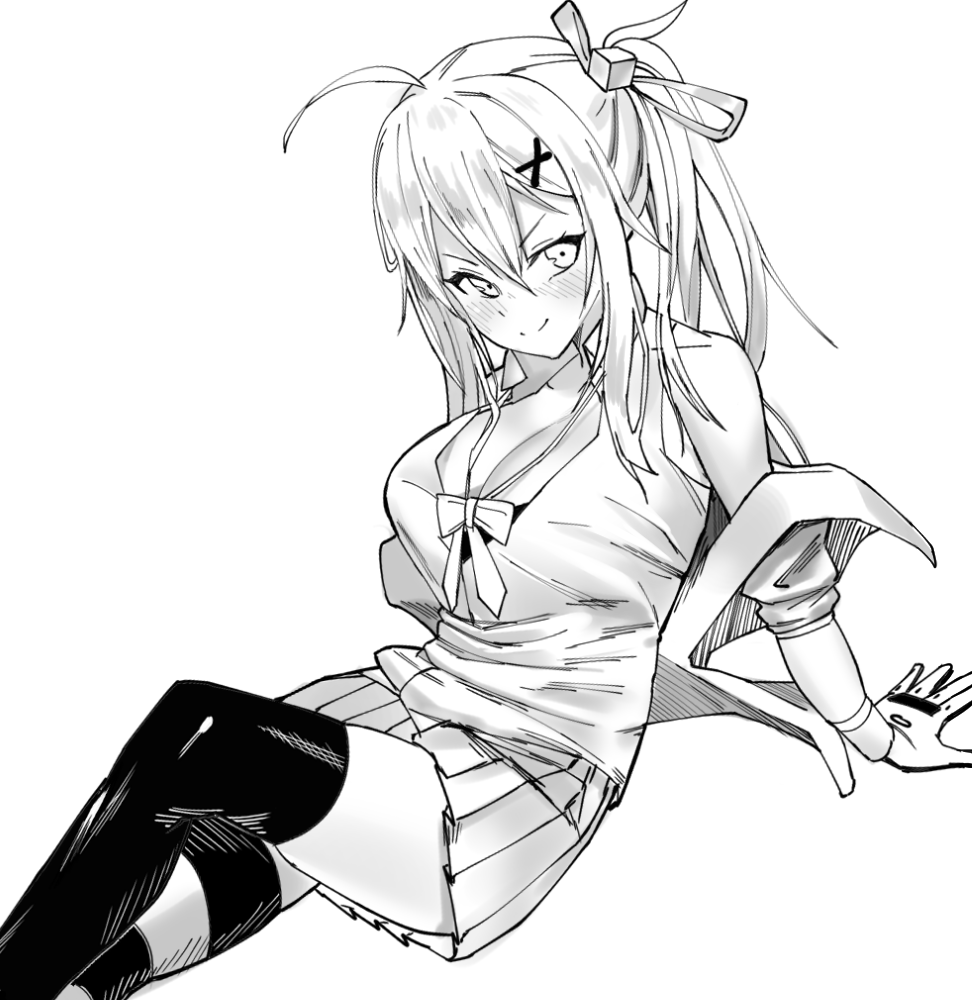 1girl bangs bare_shoulders black_legwear blush breasts cleavage commentary_request eyebrows_visible_through_hair girls_frontline gloves greyscale hair_between_eyes hair_ornament hair_ribbon jacket kalina_(girls_frontline) large_breasts long_hair looking_at_viewer monochrome off_shoulder pantyhose pleated_skirt ribbon side_ponytail sketch skirt smile solo thigh-highs uleuleuleu