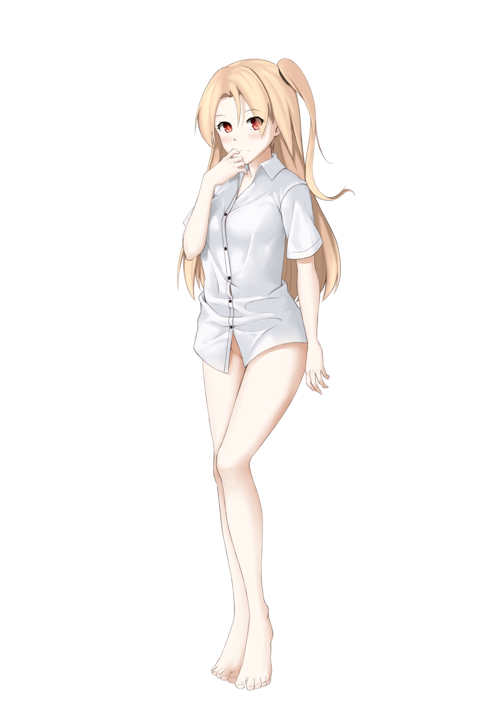 1girl azur_lane barefoot blonde_hair blush bottomless cleveland_(azur_lane) dress_shirt full_body hair_between_eyes highres jilu long_hair looking_at_viewer naked_shirt red_eyes shirt short_sleeves side_ponytail simple_background solo standing white_background white_shirt