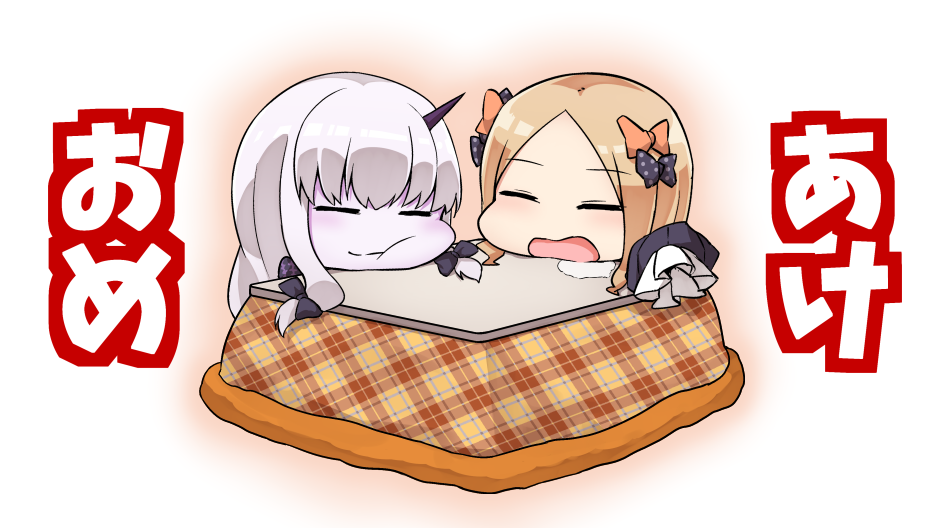 2girls abigail_williams_(fate/grand_order) bangs black_bow bow closed_eyes closed_mouth commentary_request eyebrows_visible_through_hair fate/grand_order fate_(series) forehead hair_bow head_rest horn kotatsu lavinia_whateley_(fate/grand_order) light_brown_hair long_hair multiple_girls nenosame no_hat no_headwear open_mouth orange_bow pale_skin parted_bangs plaid polka_dot polka_dot_bow saliva sidelocks silver_hair table translation_request