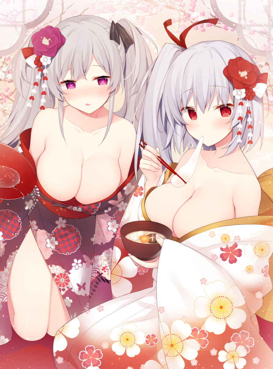 2girls blush bowl breasts chopsticks cleavage collarbone floral_print flower food hair_flower hair_ornament hair_ribbon heart heart-shaped_pupils highres japanese_clothes kimono large_breasts long_hair looking_at_viewer miko_92 mochi multiple_girls original pink_eyes red_eyes ribbon short_hair side_ponytail silver_hair symbol-shaped_pupils twintails