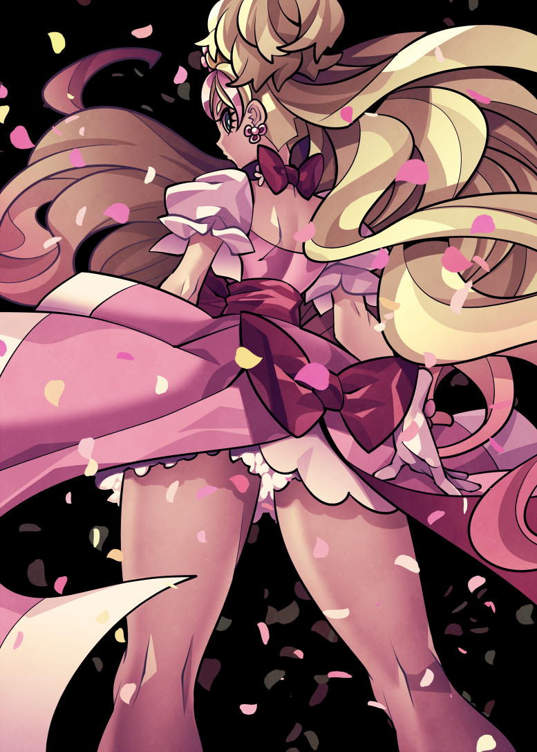 1girl bare_legs black_background blonde_hair bow cowboy_shot cure_flora dress earrings flower_earrings from_behind gloves go!_princess_precure gradient_hair green_eyes haruno_haruka jewelry kneepits legs long_hair looking_at_viewer looking_back magical_girl multicolored_hair ninomae petals petticoat pink_bow pink_dress pink_hair precure puffy_sleeves simple_background solo standing white_gloves