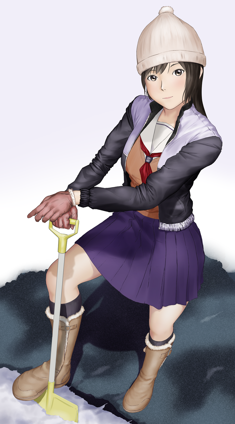 black_legwear boots highres kneehighs original school_uniform serafuku shovel shunputei_hiko uniform