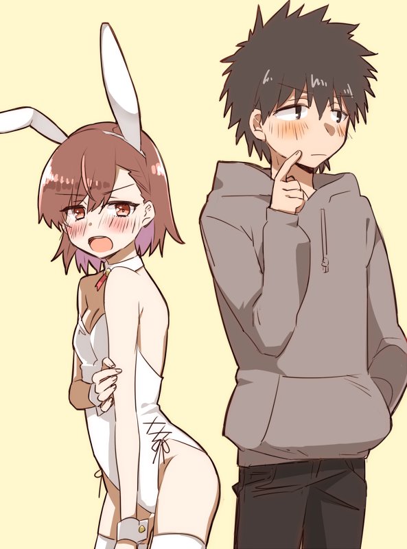 1boy 1girl animal_ears beige_background black_hair brown_eyes brown_hair bunnysuit cowboy_shot detached_collar embarrassed hand_in_pocket hood hooded_sweater hoodie kamijou_touma leotard looking_at_viewer looking_to_the_side misaka_mikoto open_mouth rabbit_ears renka_(ririri1227) short_hair simple_background spiky_hair strapless strapless_leotard sweater thigh-highs to_aru_kagaku_no_railgun to_aru_majutsu_no_index white_legwear white_leotard wrist_cuffs