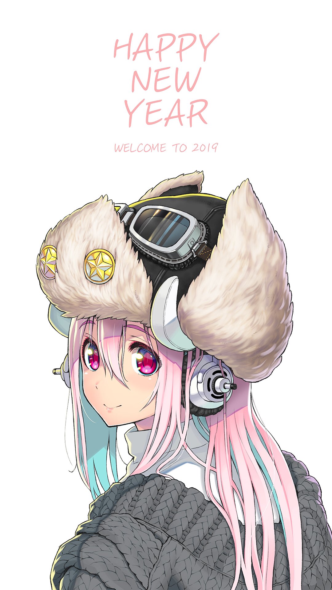 1girl 2019 aviator_cap blush boar chinese_zodiac closed_mouth english female flight_goggles goggles goggles_on_head goggles_on_headwear hair_between_eyes headphones highres long_hair looking_at_viewer looking_back nengajou new_year nitroplus pink_eyes pink_hair simple_background smile solo super_sonico tsuji_santa virtual_youtuber white_background year_of_the_pig