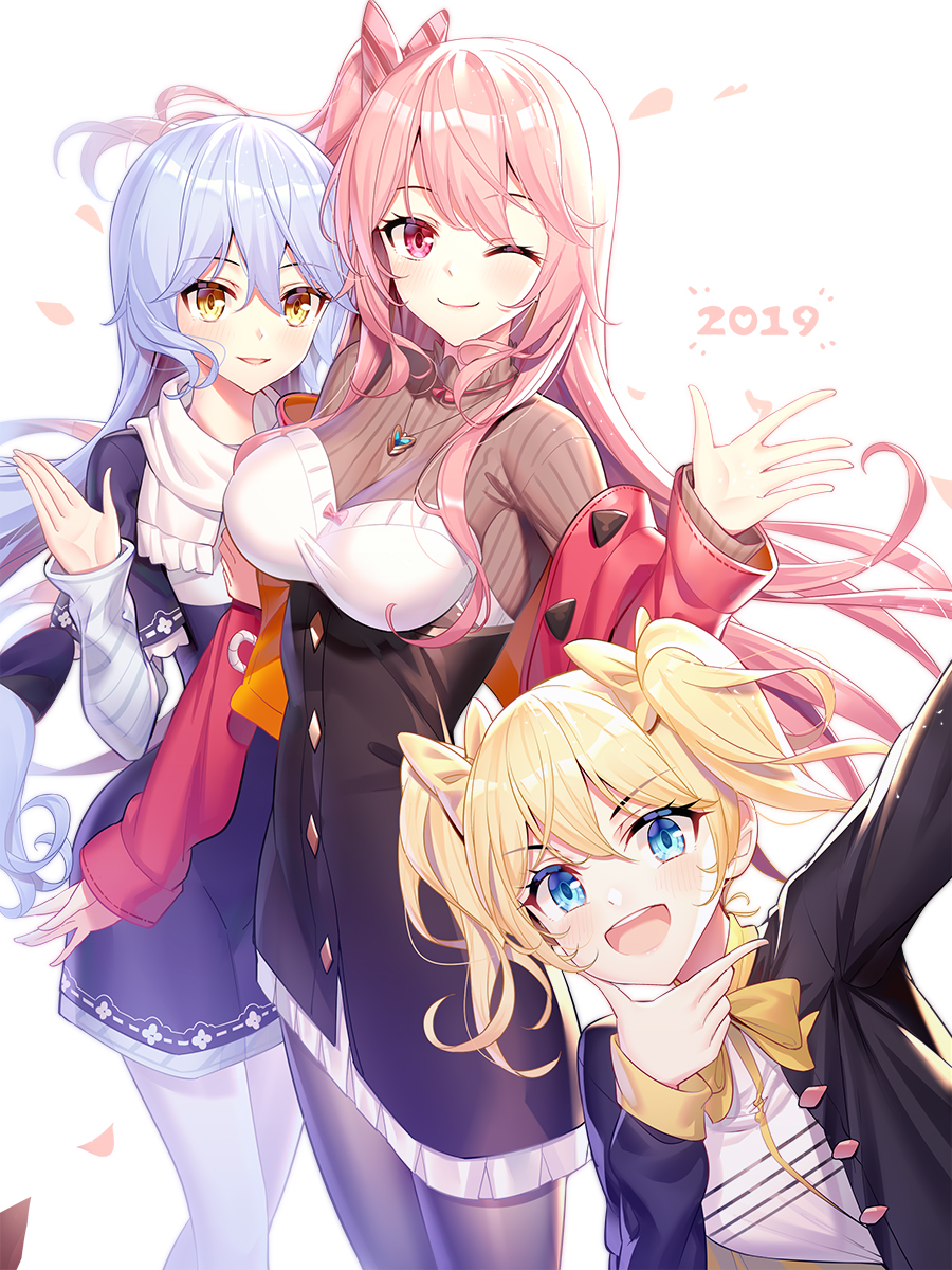 2019 3girls :d ;) bangs black_coat black_dress black_legwear blonde_hair blue_eyes blue_hair blush bow breasts brown_eyes brown_sweater closed_mouth coat commentary_request diagonal_stripes dress emily_stock eyebrows_visible_through_hair hair_bow hand_up heart highres large_breasts long_hair long_sleeves looking_at_viewer multiple_girls off_shoulder one_eye_closed one_side_up open_clothes open_coat open_mouth original pantyhose pink_bow pink_hair red_coat ribbed_sweater ririko_(zhuoyandesailaer) scarf shirt skirt sleeves_past_wrists smile striped striped_bow sweater twintails very_long_hair violet_eyes white_legwear white_scarf white_shirt white_skirt yellow_bow