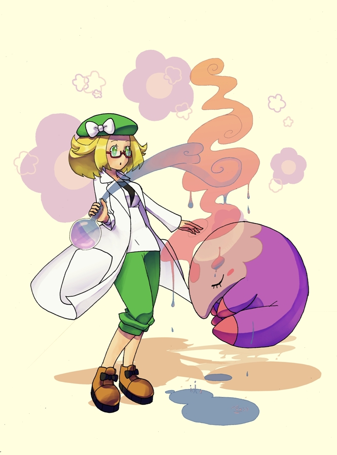 1girl bel_(pokemon) blonde_hair breasts closed_eyes commentary_request creatures_(company) game_freak gen_5_pokemon glasses green_eyes hat jacket labcoat medium_hair musharna nintendo open_mouth pokemon pokemon_(creature) pokemon_(game) pokemon_bw2