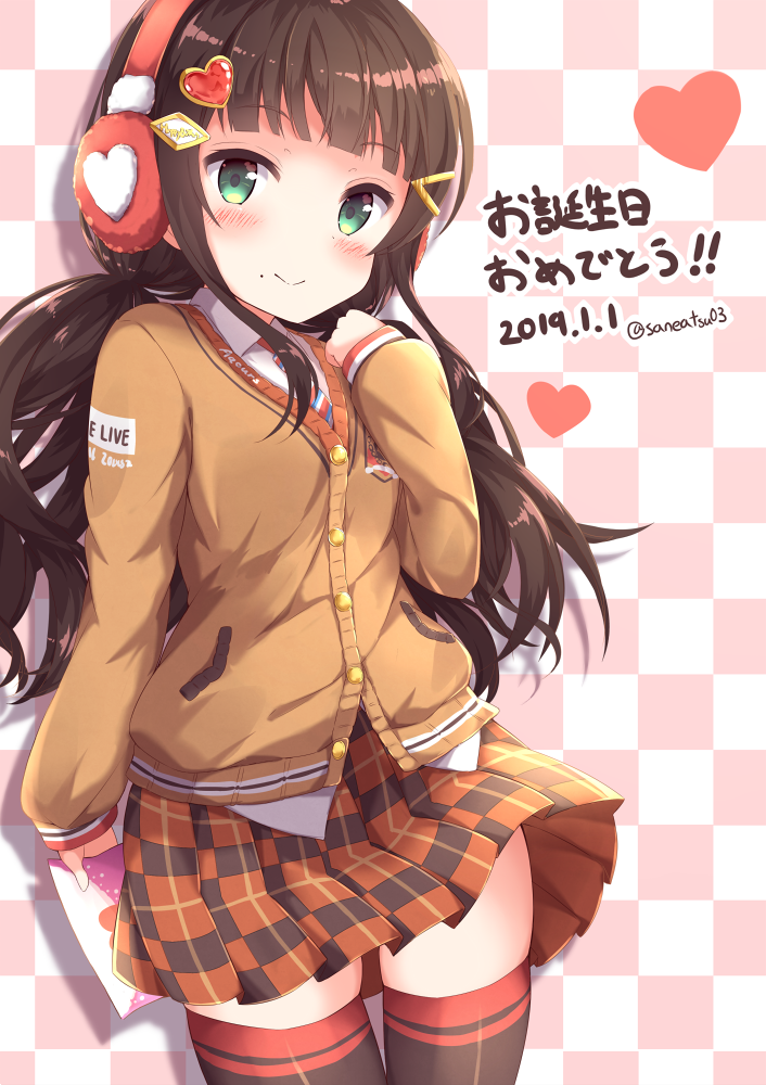 1girl alternate_hairstyle bangs black_hair black_legwear blunt_bangs blush brown_cardigan brown_skirt checkered checkered_background clenched_hand clothes_writing commentary_request dated drop_shadow earmuffs emblem green_eyes hair_ornament hairclip hand_on_own_shoulder happy_birthday headphones heart heart_hands holding_letter kurosawa_dia letter long_hair long_sleeves looking_at_viewer love_letter love_live! love_live!_sunshine!! mole mole_under_mouth niwasane_(saneatsu03) object_behind_back plaid plaid_skirt school_uniform skindentation skirt smile solo thigh-highs twintails twitter_username