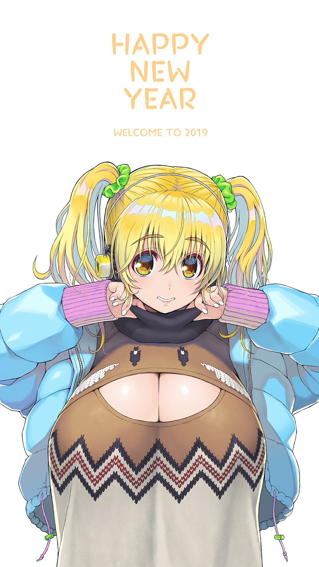 1girl 2019 blonde_hair blush boar breasts center_opening chinese_zodiac cleavage cleavage_cutout happy_new_year headphones highres huge_breasts large_breasts looking_at_viewer meme_attire nengajou new_year nitroplus open-chest_sweater orange_eyes plump smile solo super_pochaco sweater tsuji_santa turtleneck twintails year_of_the_pig