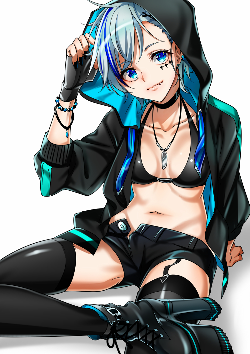 1girl arm_support black_bikini_top black_footwear black_gloves black_jacket black_legwear black_nails black_shorts blue_eyes bracelet breasts character_request choker cleavage collarbone earrings facial_mark fang_out fingerless_gloves gloves highlights hood hood_up hooded_jacket idolmaster idolmaster_cinderella_girls jacket jewelry looking_at_viewer multicolored_hair nail_polish necklace open_clothes open_jacket open_shorts short_hair short_shorts shorts silver_hair simple_background sitting small_breasts solo thigh-highs white_background yodare_(3yami8) zettai_ryouiki