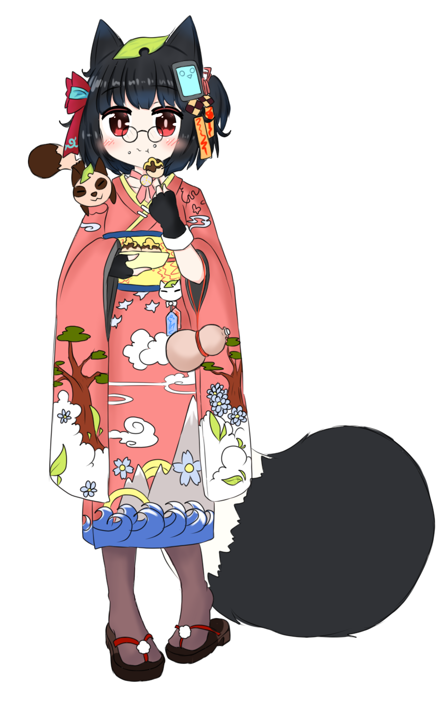 1girl :t animal animal_ears animal_on_shoulder bailingxiao_jiu bangs black-framed_eyewear black_gloves black_hair blush bow brown_footwear brown_legwear closed_mouth eating eyebrows_visible_through_hair fingerless_gloves food food_on_face glasses gloves hair_bow highres holding holding_food japanese_clothes kimono leaf leaf_on_head long_sleeves original pantyhose pince-nez pink_kimono print_kimono raccoon_ears raccoon_girl raccoon_tail red_bow red_eyes sleeves_past_wrists solo striped striped_bow tail tanuki two_side_up wide_sleeves