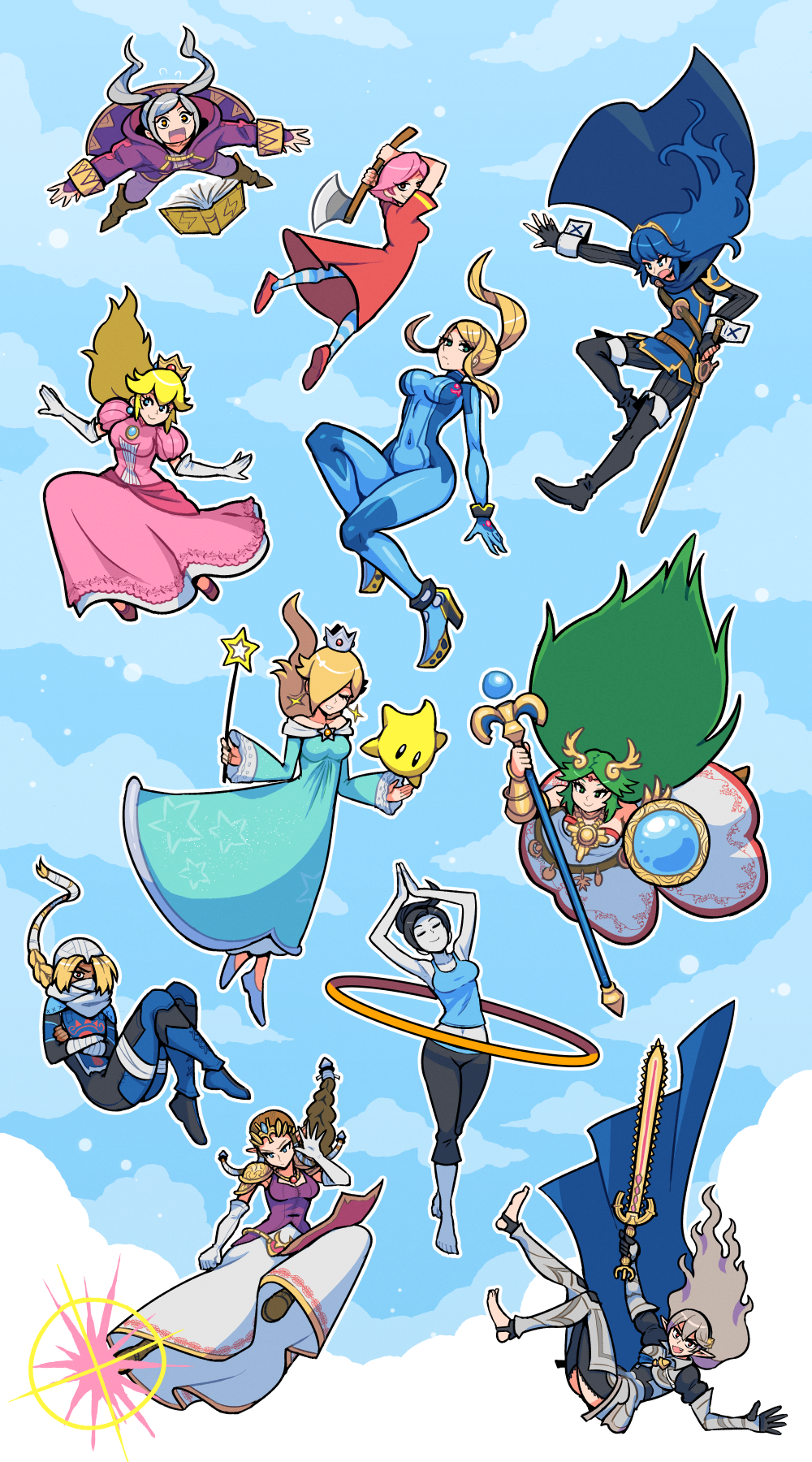 6+girls akairiot armor axe blonde_hair blue_sky bodysuit breasts cape coat crown doubutsu_no_mori dress falling female_my_unit_(fire_emblem:_kakusei) female_my_unit_(fire_emblem_if) fire_emblem fire_emblem:_kakusei fire_emblem_if flying_kick green_hair highres hoop hula_hoop kicking kid_icarus looking_at_viewer lucina super_mario_bros. metroid midair midriff multiple_girls my_unit_(fire_emblem:_kakusei) my_unit_(fire_emblem_if) navel nintendo open_mouth palutena pants pointy_ears princess_peach princess_zelda rosetta_(mario) samus_aran sheik silver_hair sky smile super_smash_bros. sword tank_top the_legend_of_zelda the_legend_of_zelda:_ocarina_of_time the_legend_of_zelda:_twilight_princess turban villager_(doubutsu_no_mori) weapon wii_fit wii_fit_trainer yoga_pants zero_suit