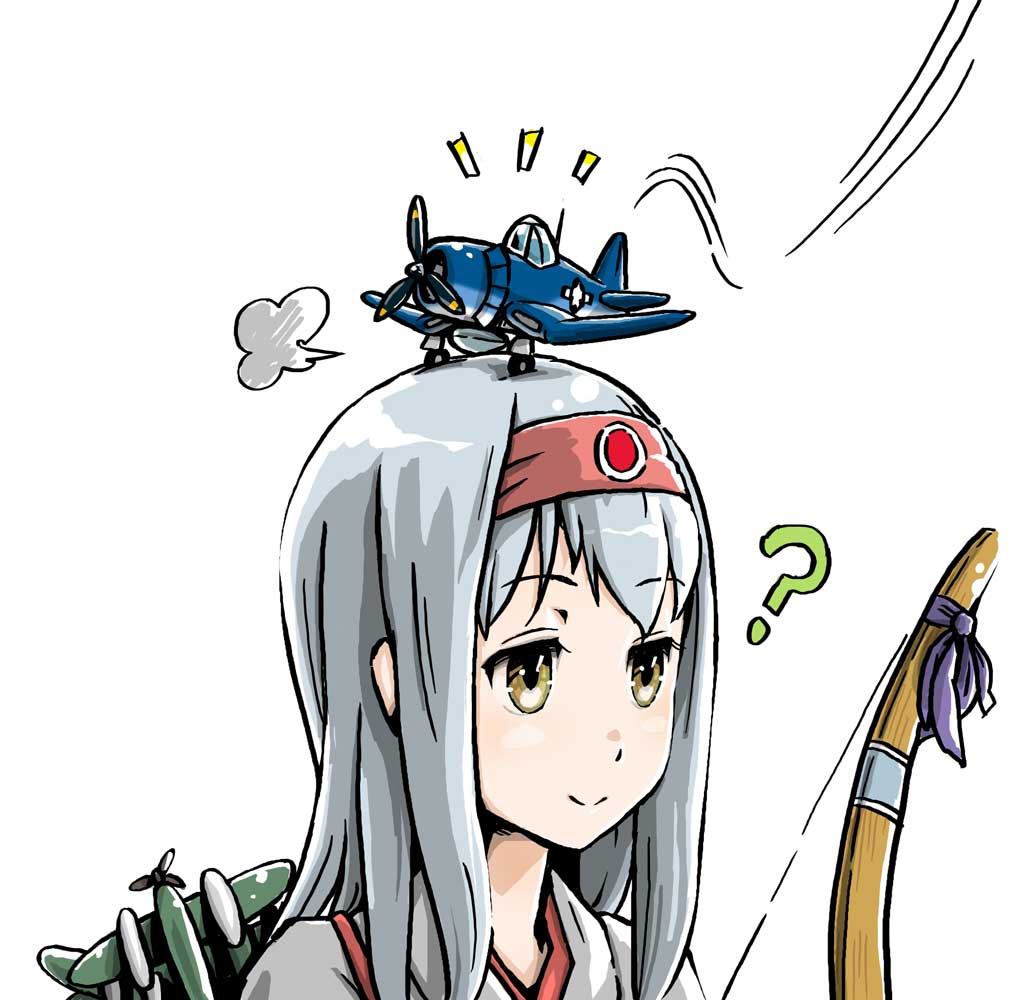 1girl ? boburii bow_(weapon) brown_eyes commentary_request f4u_corsair hairband japanese_clothes kantai_collection landing long_hair shoukaku_(kantai_collection) weapon white_hair you're_doing_it_wrong