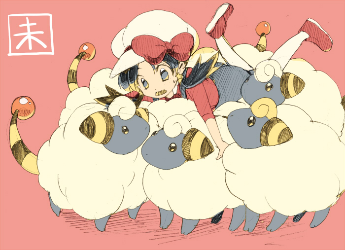 creature creatures_(company) crystal_(pokemon) earrings game_freak gen_2_pokemon grey_eyes hat jewelry lying mareep nintendo on_stomach pokemon pokemon_(creature) pokemon_special red_background red_ribbon ribbon sheep shoes simple_background star star_earrings traditional_media twintails white_hat yui_ko