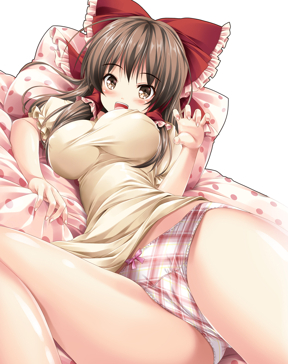 1girl :d arm_support bangs bed_sheet blush bow bow_panties breasts brown_eyes brown_hair brown_shirt claw_pose commentary_request crotch_seam dutch_angle eyebrows_visible_through_hair frilled_bow frilled_sleeves frills hair_bow hair_tubes hakurei_reimu highres impossible_clothes impossible_shirt kamiya_tomoe large_breasts legs long_hair looking_at_viewer lying no_pants on_back on_bed open_mouth panties pillow pink_panties plaid plaid_panties polka_dot puffy_short_sleeves puffy_sleeves red_bow shirt short_sleeves smile solo thighs touhou underwear white_background