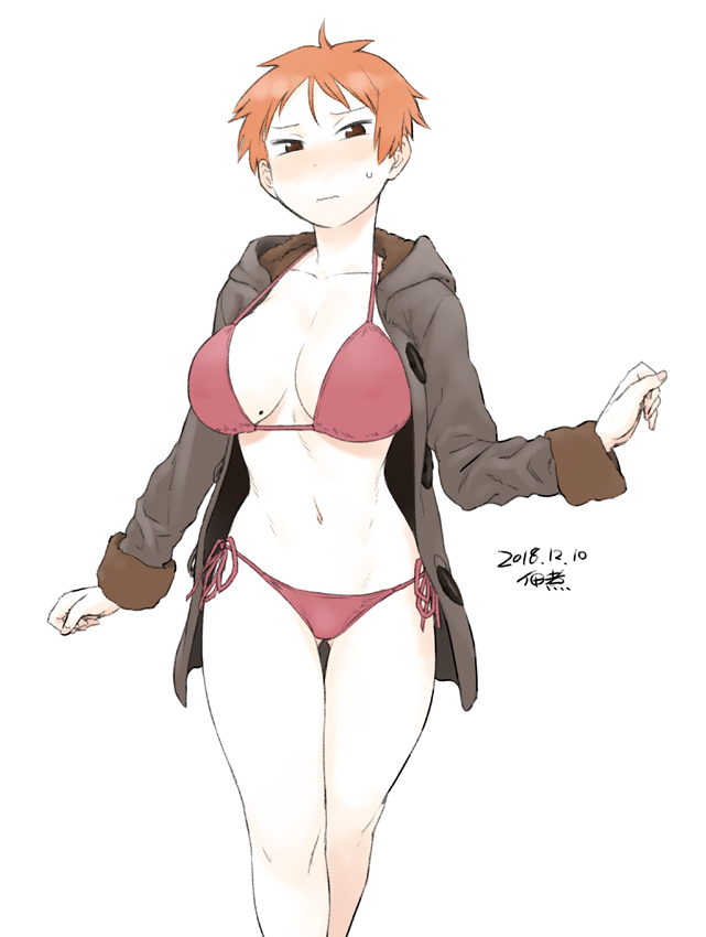 1girl ass_visible_through_thighs bikini blush breasts brown_hair cowboy_shot fur_trim hood hood_down hooded_jacket jacket large_breasts mole mole_on_breast navel nose_blush open_clothes open_jacket original red_bikini short_hair side-tie_bikini solo standing strap_gap sweatdrop swimsuit thigh_gap tsukudani_(coke-buta) tsurime tsurime-chan