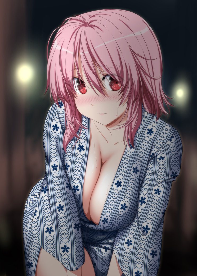 1girl blue_kimono blurry blurry_background blush breasts cleavage collarbone commentary_request dark_background eyebrows_visible_through_hair eyes_visible_through_hair floral_print hands_on_legs japanese_clothes kimono large_breasts light light_smile looking_at_viewer messy_hair nori_tamago onsen open_clothes open_kimono pink_hair red_eyes saigyouji_yuyuko short_hair smile solo sweat thighs touhou wide_sleeves