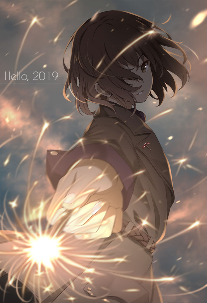 1girl 2019 bangs belt blurry brown_eyes brown_hair brown_jacket clouds cloudy_sky commentary depth_of_field fireworks floating_hair foreshortening hair_over_one_eye holding jacket kiyo_(chaoschyan) long_sleeves looking_at_viewer new_year original outstretched_arm parted_lips short_hair sidelocks sky smile solo sparkler standing teeth upper_body wing_collar