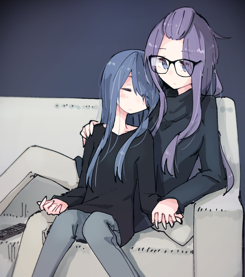 2girls age_difference blue_hair blush closed_eyes commentary_request controller couch denim eyebrows_visible_through_hair glasses hand_on_another's_shoulder interlocked_fingers jeans kagamihara_sakura leaning_on_person long_hair long_sleeves multiple_girls pants purple_hair remote_control shima_rin shiroshi_(denpa_eshidan) sitting sleeping sleeping_on_person sleeping_upright sweater yuri yurucamp