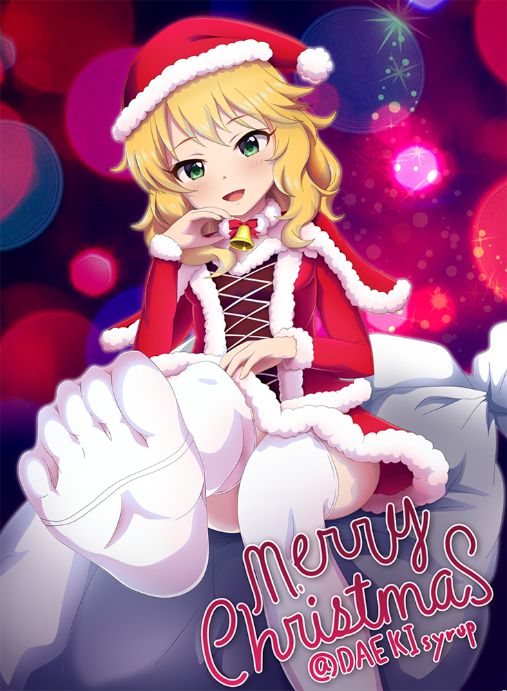 1girl :d bangs bell blonde_hair blush breasts capelet commentary_request cross-laced_clothes curly_hair dot_nose feet feet_out_of_frame foot_up fur-trimmed_capelet fur-trimmed_hat fur-trimmed_sleeves fur_collar fur_trim green_eyes hat head_tilt idolmaster light_particles long_sleeves looking_at_viewer merry_christmas open_mouth pom_pom_(clothes) pov_feet red_capelet red_hat sack sakurai_momoka santa_costume santa_hat sitting small_breasts smile solo thigh-highs toe_seam white_legwear