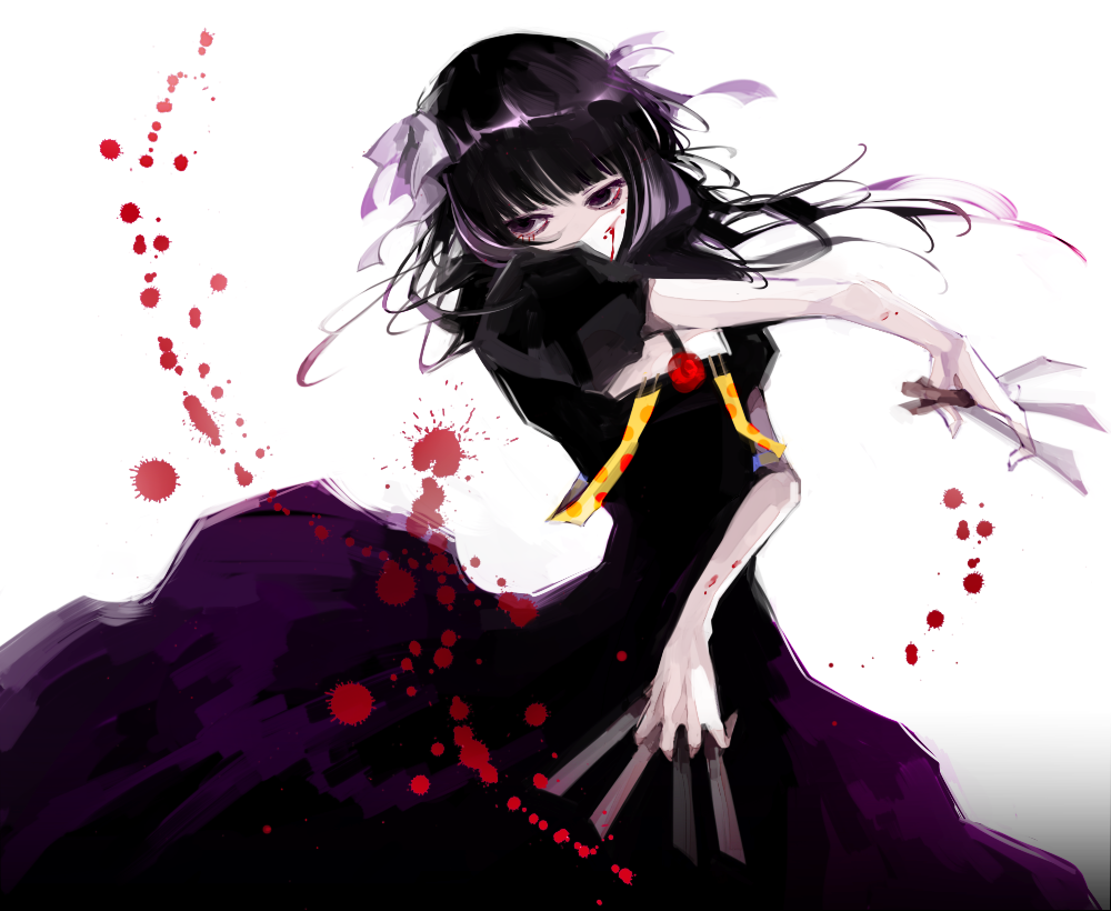 1boy androgynous bangs bare_arms black_dress black_hair blood blood_on_face blood_splatter bow covered_mouth crossdressinging dress flower hair_bow hair_ornament holding holding_weapon kenkoumineral13 knife long_dress looking_at_viewer male_focus open_eyes pale_skin pink_bow red_eyes red_flower red_rose rose short_sleeves simple_background solo stitches suspenders suzuya_juuzou throwing_knife tokyo_ghoul tokyo_ghoul:re weapon white_background
