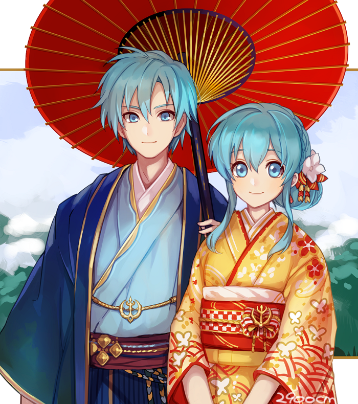 1boy 1girl 2900cm aqua_hair blue_eyes blue_hair blush brother_and_sister eirika ephraim fire_emblem fire_emblem:_seima_no_kouseki fire_emblem_heroes floral_print flower green_hair hair_flower hair_ornament intelligent_systems japanese_clothes kimono long_hair long_sleeves looking_at_viewer new_year nintendo obi sash short_hair siblings smile yukata