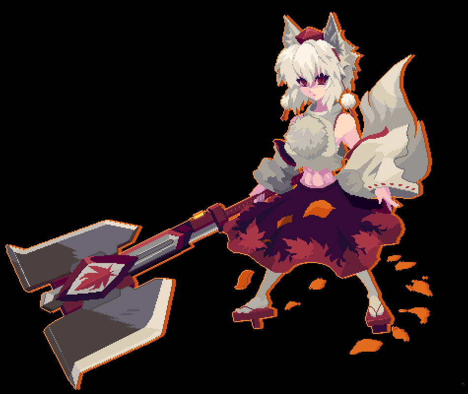 1girl animal_ears commentary_request detached_sleeves geta inubashiri_momiji machi midriff monster_hunter pixel_art pom_pom_(clothes) red_eyes solo touhou white_hair wolf_ears