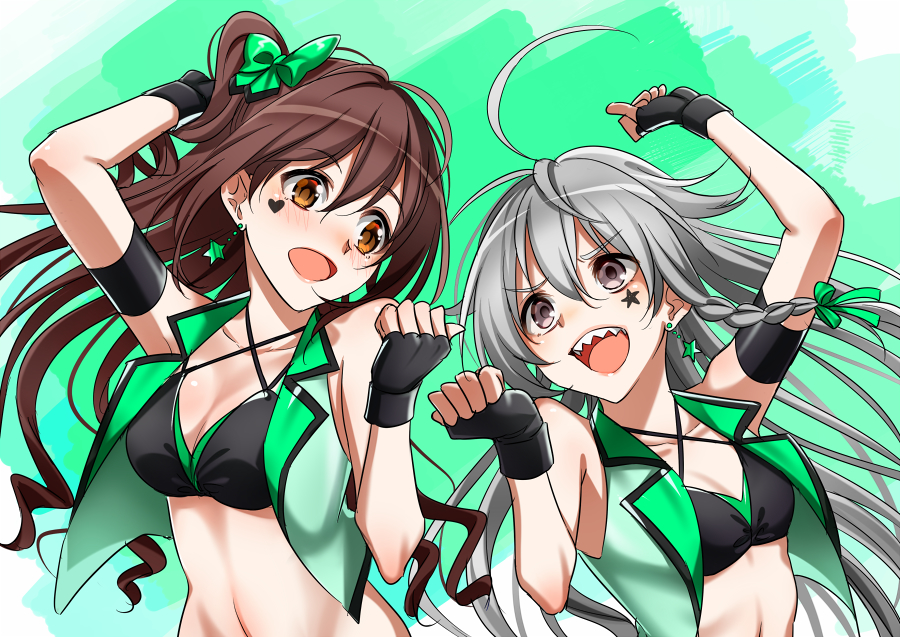 2girls :d ahoge arm_strap arm_up black_bikini_top black_gloves bow breasts brown_eyes brown_hair cleavage collarbone earrings eye_contact facial_mark fingerless_gloves floating_hair gloves green_bow grey_eyes hair_bow halterneck heart hoshi_shouko idolmaster idolmaster_cinderella_girls jewelry long_hair looking_at_another medium_breasts multiple_girls navel open_mouth sharp_teeth shimamura_uzuki side_ponytail silver_hair sleeves small_breasts smile star star_earrings teeth very_long_hair yodare_(3yami8)