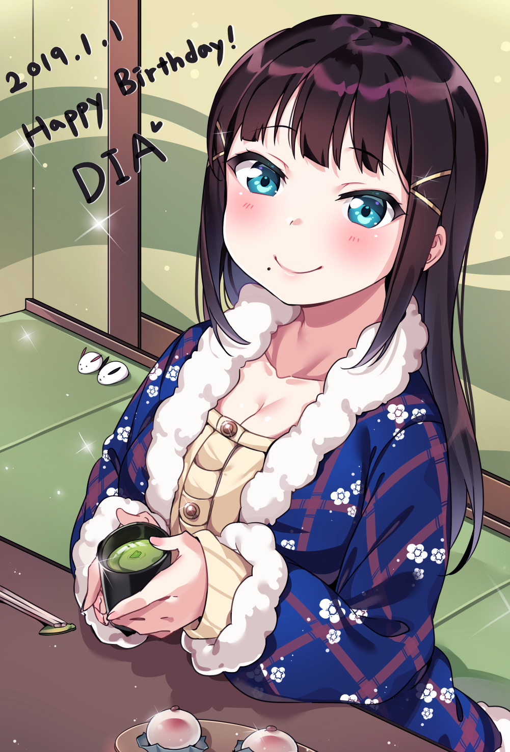 1girl bangs black_hair blue_eyes blue_robe blush breasts character_name chopsticks cleavage collarbone cup dated fur_trim green_tea hair_ornament hairclip happy_birthday highres holding holding_cup indoors kurosawa_dia long_hair looking_at_viewer love_live! love_live!_sunshine!! mochi mole mole_under_mouth plaid sitting smile snow_bunny solo sparkle sweater tea tem10 yellow_sweater