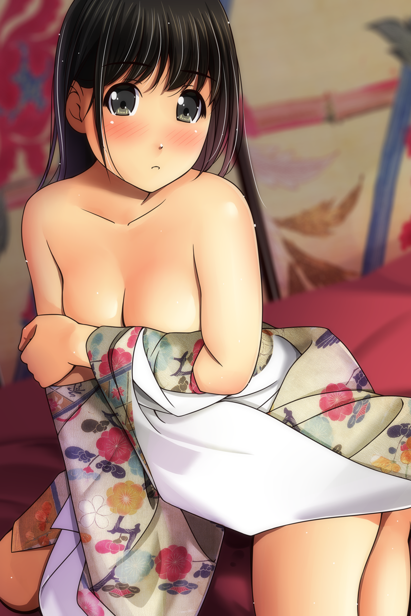 1girl bangs bare_shoulders black_hair blurry blurry_background blush breast_hold breasts brown_eyes cleavage collarbone commentary_request depth_of_field eyebrows_visible_through_hair floral_print highres japanese_clothes kimono long_hair long_sleeves looking_at_viewer matsunaga_kouyou medium_breasts nose_blush off_shoulder original parted_lips print_kimono sitting solo wariza
