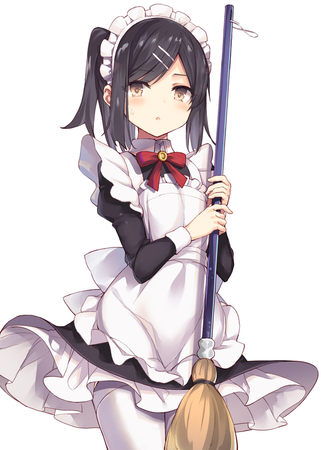 1girl :o alternate_costume apron bangs black_dress black_hair blush bow bowtie broom brown_eyes collared_dress commentary_request cowboy_shot dress enmaided eyebrows_visible_through_hair fate/kaleid_liner_prisma_illya fate_(series) frilled_dress frills hair_ornament hairclip holding holding_broom juliet_sleeves long_hair long_sleeves looking_at_viewer maid maid_apron maid_headdress miyu_edelfelt nanananana parted_bangs parted_lips puffy_sleeves red_neckwear sidelocks simple_background solo standing sweatdrop thigh-highs twintails white_apron white_background white_legwear wind wind_lift