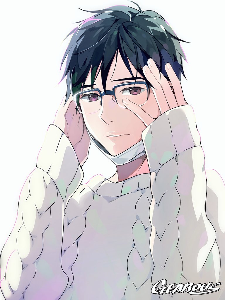 1boy artist_name black_hair brown_eyes close-up face fingernails gearous glasses hands_on_own_cheeks hands_on_own_face happy katsuki_yuuri light_smile long_sleeves looking_at_viewer male_focus mask parted_lips short_hair simple_background smile sweater teeth upper_body white_background yuri!!!_on_ice