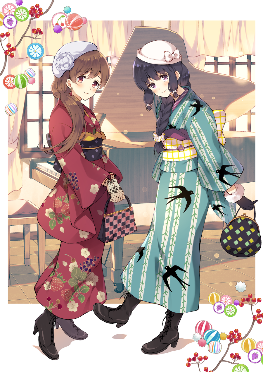 2girls alternate_costume bag black_footwear black_gloves black_hair blush boots braid brown_eyes brown_hair cross-laced_footwear floral_print fur fur_trim gloves hat highres holding holding_bag japanese_clothes kantai_collection kimono kitakami_(kantai_collection) komi_zumiko lace-up_boots long_hair long_sleeves multiple_girls obi ooi_(kantai_collection) print_kimono sash single_braid smile violet_eyes white_hat wide_sleeves yukata