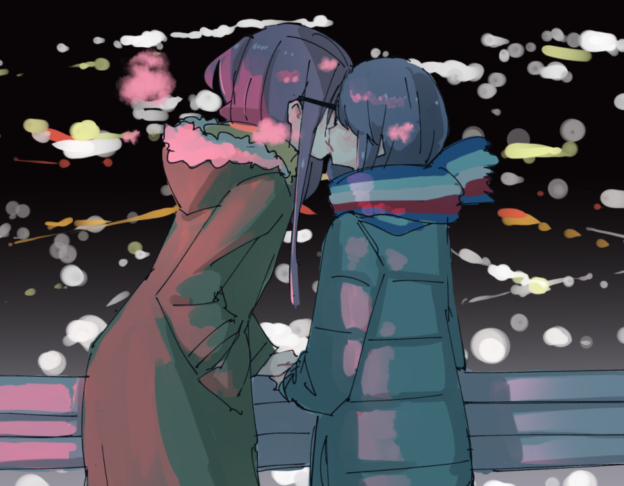 2girls age_difference black-framed_eyewear blue_hair blush city_lights coat commentary fur_trim hand_holding hood hooded_jacket jacket kagamihara_sakura kiss long_hair long_sleeves multiple_girls outdoors purple_hair scarf shima_rin shiroshi_(denpa_eshidan) striped striped_scarf very_long_hair winter winter_clothes winter_coat yuri yurucamp