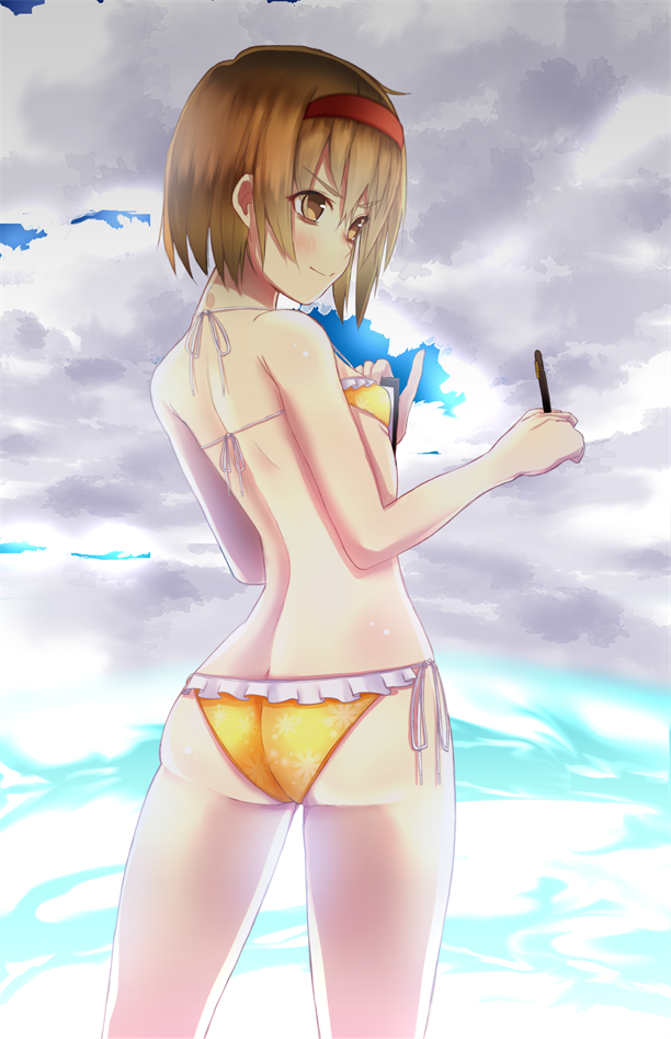 1girl ass back bikini breasts brown_eyes brown_hair butt_crack clipboard clouds frilled_bikini frills from_behind hairband lobotomy_corporation malkuth_(lobotomy_corporation) nidaime_(doronbo) pen red_hairband short_hair side-tie_bikini sky small_breasts swimsuit yellow_bikini