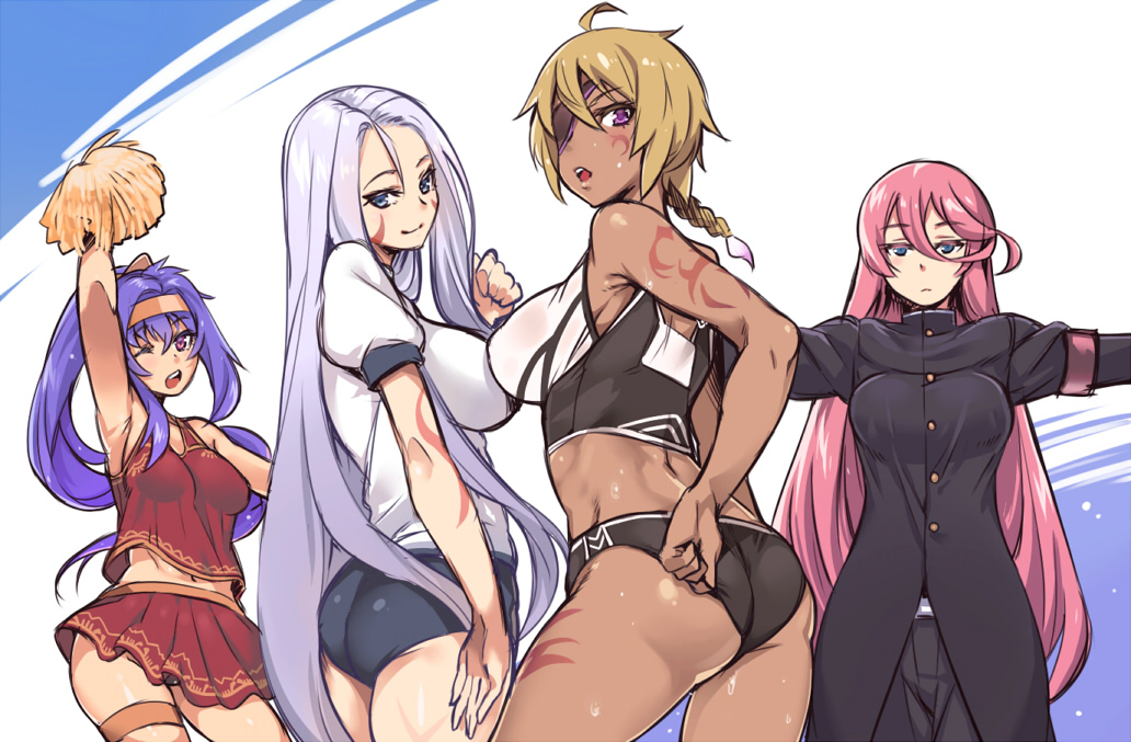 4girls adjusting_buruma adjusting_clothes arm_tattoo arm_up armband ass back black_coat black_pants blonde_hair blue_buruma blue_eyes braid breasts buruma cheering cheerleader closed_mouth dark_skin expressionless eyebrows_visible_through_hair facial_tattoo gakuran hair_between_eyes headband hijiri large_breasts long_coat long_hair looking_at_viewer looking_back medium_breasts megido72 midriff miniskirt multiple_girls navel one_eye_closed open_mouth ose_(megido72) pants pink_hair pleated_skirt pom_poms puffy_short_sleeves puffy_sleeves purple_hair red_shirt red_skirt school_uniform shirt short_sleeves side_braid silver_hair skirt sleeveless sleeveless_shirt smile sports_bikini sweat t-pose tattoo thigh_strap thigh_tattoo track_and_field valefor_(megido72) very_long_hair violet_eyes vual_(megido72) white_shirt yellow_headband