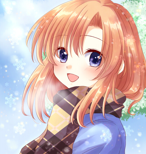 1girl :d blue_eyes higurashi_no_naku_koro_ni maekawa_suu open_mouth orange_hair plaid plaid_scarf ryuuguu_rena scarf smile snowflakes upper_body
