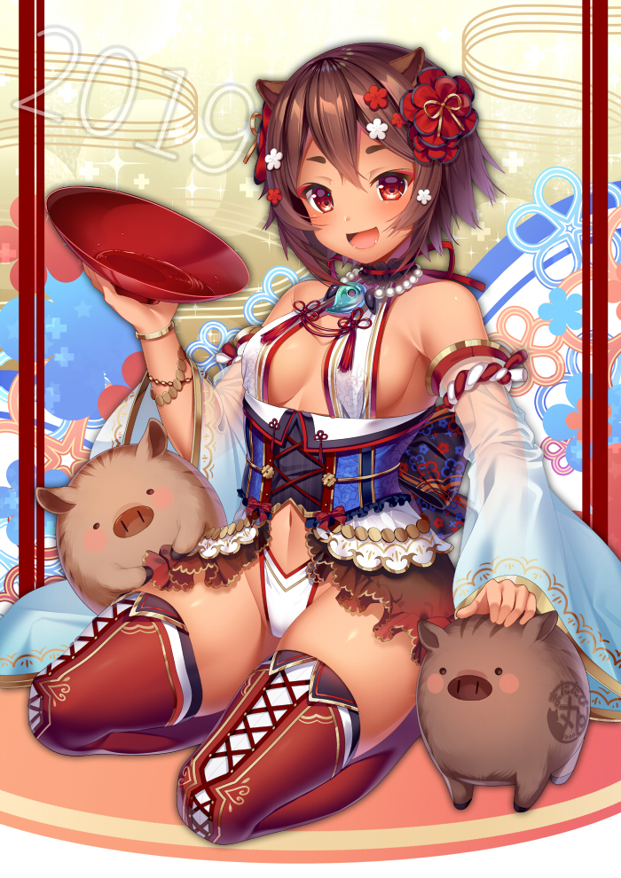 1girl 2019 :d alcohol animal animal_ears armpit_crease bangs bare_shoulders blush blush_stickers bracelet breasts breasts_apart brown_hair brown_legwear chinese_zodiac commentary_request cup dark_skin detached_sleeves eyeshadow fangs flower frills groin hair_between_eyes hair_flower hair_ornament hand_up holding jewelry long_sleeves looking_at_viewer makeup matatabi_maru medium_breasts navel open_mouth original petting pig red_eyes red_flower revealing_clothes sakazuki sake see-through seiza short_hair sideboob sidelocks sitting skindentation smile solo thick_eyebrows thigh-highs thighs underbust wide_sleeves year_of_the_pig