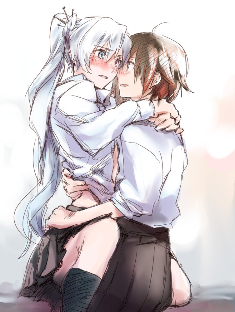 2girls ahoge arms_around_neck bangs black_hair black_legwear blue_eyes blush brown_hair couple dress_shirt eye_contact eyebrows_visible_through_hair facing_another gradient_hair grey_eyes hand_on_another's_hip hand_on_hip happy highres hug kneehighs long_hair looking_at_another multicolored_hair multiple_girls on_lap on_person open_clothes open_shirt parted_lips ponytail redhead ruby_rose rwby school_uniform shirt short_hair shy sitting sitting_on_lap sitting_on_person sketch skirt smile socks tongue tsuta_no_ha two-tone_hair weiss_schnee white_hair yuri