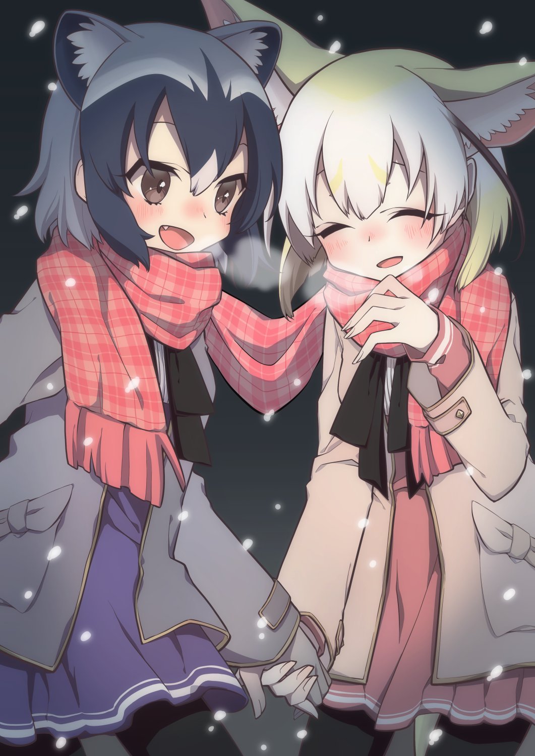 2girls alternate_costume animal_ears blonde_hair blue_hair blush coat commentary_request common_raccoon_(kemono_friends) dress eyebrows_visible_through_hair fang fennec_(kemono_friends) fox_ears grey_hair hand_holding highres kemono_friends long_sleeves multicolored_hair multiple_girls open_mouth pantyhose petit_ramune plaid plaid_scarf pleated_dress raccoon_ears scarf shared_scarf short_hair winter_clothes yuri