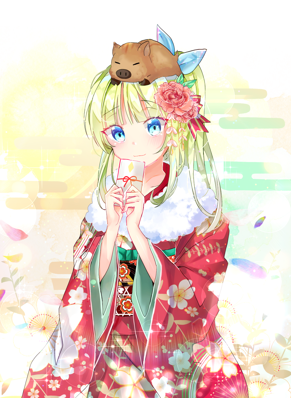 1girl animal bangs blue_eyes blush chinese_zodiac closed_mouth commentary_request egasumi eyebrows_visible_through_hair floral_print flower fur_collar green_hair hair_flower hair_ornament hands_up head_tilt highres holding japanese_clothes kanzashi kimono long_hair long_sleeves looking_at_viewer miyo_(user_zdsp7735) nengajou new_year obi original petals pig pink_flower print_kimono red_kimono sanpaku sash sidelocks smile solo upper_body wide_sleeves year_of_the_dog