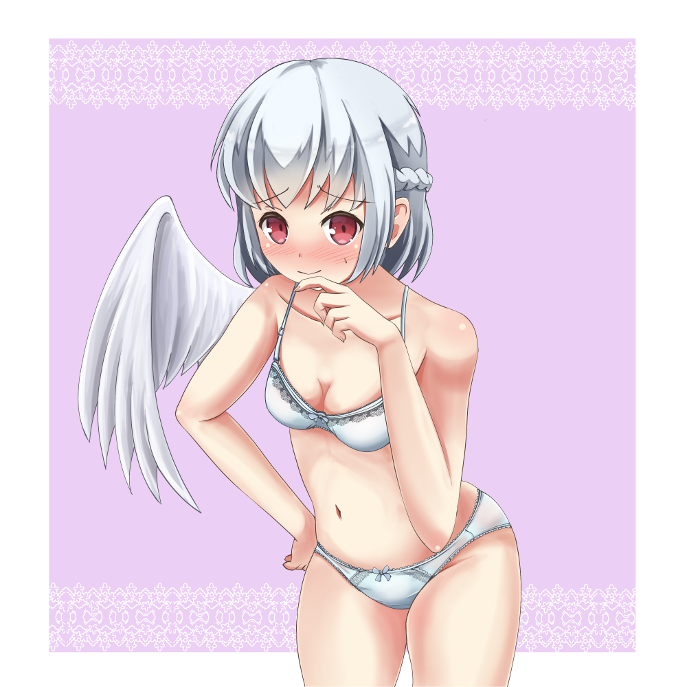 1girl akizuki_(akizuki71) blush bow bow_bra bow_panties bra braid breasts cleavage closed_mouth commentary cowboy_shot crown_braid eyebrows_visible_through_hair feathered_wings grey_bra grey_panties hand_on_own_face kishin_sagume lace lace-trimmed_bra lace-trimmed_panties leaning_forward looking_at_viewer medium_breasts outside_border panties purple_background purple_bra red_eyes short_hair silver_hair single_wing smile solo standing sweatdrop thighs touhou underwear underwear_only wings