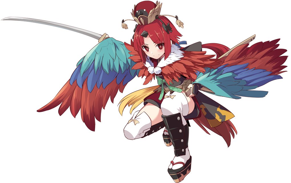 1girl benienma_(fate/grand_order) bird_hat bridal_gauntlets fate/grand_order fate_(series) feathers katana leg_armor low_ponytail platform_footwear red_eyes redhead sheath shiseki_hirame sword thigh-highs weapon wide_sleeves