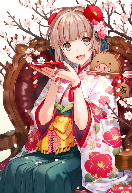 1girl :d ahoge animal armchair asahikawa_hiyori bow brown_eyes brown_hair chair chinese_zodiac commentary_request cup ema floral_print flower green_hakama hair_flower hair_ornament hakama head_tilt japanese_clothes kimono open_mouth original pig pink_flower print_kimono red_flower sakazuki short_kimono short_sleeves simple_background sitting smile solo striped striped_bow tree_branch white_background white_flower white_kimono wide_sleeves year_of_the_pig yellow_bow