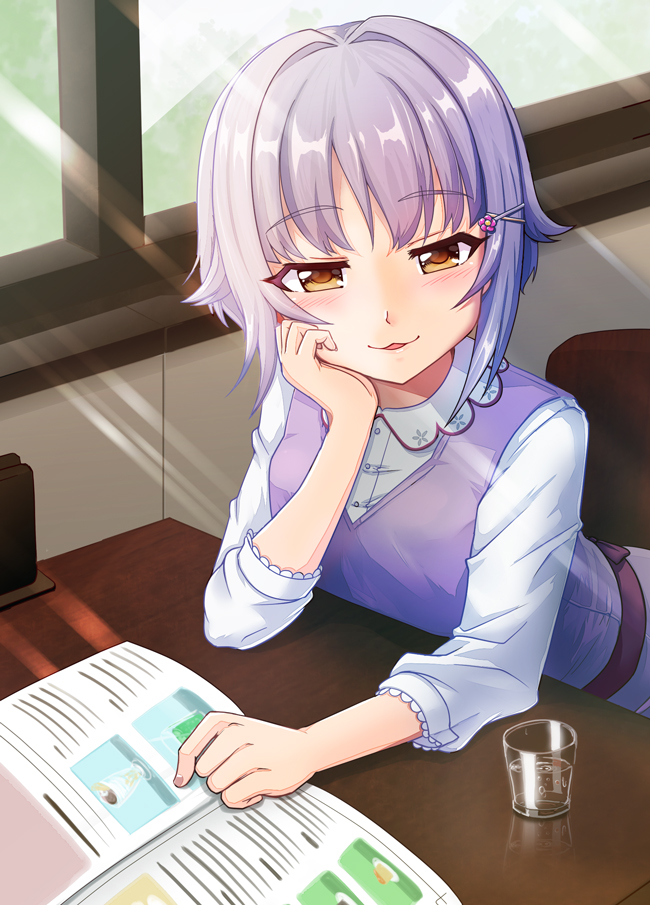 1girl arm_support bangs blush brown_eyes chair commentary_request cup day dress_shirt drink drinking_glass eyebrows_visible_through_hair fingernails hair_flaps hair_ornament hairclip hand_on_own_face idolmaster idolmaster_cinderella_girls indoors koshimizu_sachiko long_sleeves looking_at_viewer momoda_yasuhito parted_lips purple_hair purple_vest shirt smile solo sunlight table vest white_shirt window