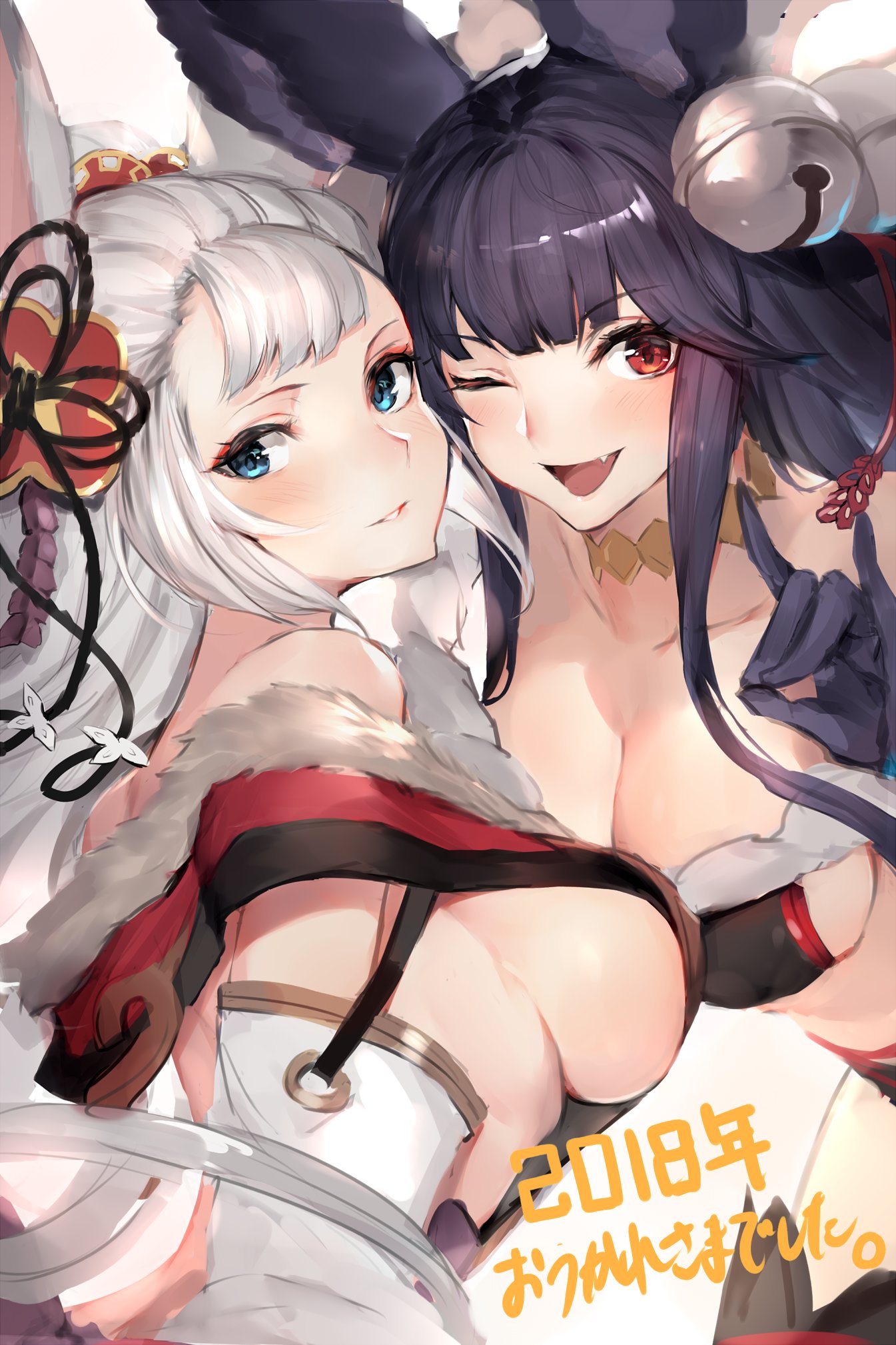 2girls animal_ears bangs bare_shoulders bell black_gloves blue_eyes blunt_bangs blush breasts collarbone detached_collar detached_sleeves erune eyeliner fang fox_ears fox_shadow_puppet fur_trim gloves granblue_fantasy hair_bell hair_ornament highres jingle_bell large_breasts long_hair looking_at_viewer makeup multiple_girls one_eye_closed open_mouth oyu_(sijimisizimi) parted_lips red_eyes sideboob silver_hair smile socie_(granblue_fantasy) yuel_(granblue_fantasy)